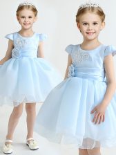  Scoop Light Blue Cap Sleeves Organza Zipper Flower Girl Dress for Party and Quinceanera and Wedding Party