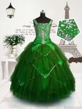 Simple Dark Green Lace Up Straps Beading and Sashes ribbons Little Girl Pageant Gowns Tulle Sleeveless