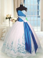 Flare Blue And White Organza Lace Up Quinceanera Gown Sleeveless Floor Length Embroidery and Sashes ribbons