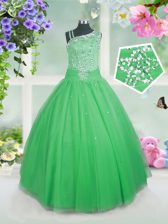 Latest Green Sleeveless Floor Length Beading Side Zipper Girls Pageant Dresses
