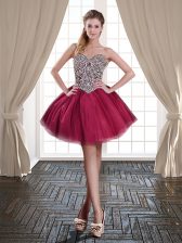 Attractive Burgundy Tulle Lace Up Prom Party Dress Sleeveless Mini Length Beading