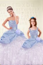  Light Blue Quince Ball Gowns Military Ball and Sweet 16 and Quinceanera with Beading and Ruffled Layers and Hand Made Flower Sweetheart Sleeveless Lace Up