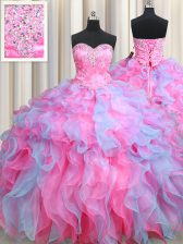 Affordable Multi-color Lace Up Sweetheart Beading and Ruffles Quinceanera Gowns Organza Sleeveless