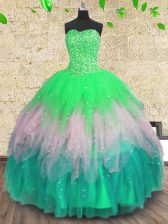 Fashionable Sweetheart Sleeveless Tulle 15 Quinceanera Dress Beading and Ruffles and Sequins Lace Up