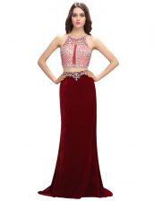  Scoop Sleeveless Elastic Woven Satin With Train Sweep Train Criss Cross Prom Gown in Burgundy with Beading and Appliques