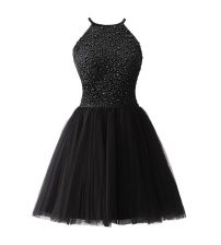 Free and Easy Scoop Sleeveless Knee Length Beading Zipper Dress for Prom with Black