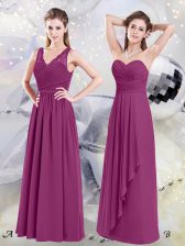 New Style Fuchsia V-neck Side Zipper Lace and Ruching Court Dresses for Sweet 16 Sleeveless