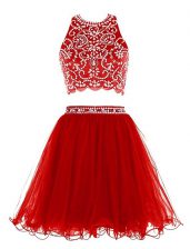Most Popular Scoop Sleeveless Mini Length Beading Clasp Handle Prom Dresses with Red