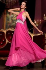  Hot Pink Halter Top Neckline Beading and Lace Prom Party Dress Sleeveless Zipper