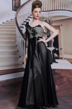  Floor Length Black Prom Party Dress Chiffon 3 4 Length Sleeve Beading and Appliques and Hand Made Flower