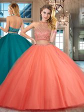  Halter Top Floor Length Two Pieces Sleeveless Orange Red Quince Ball Gowns Backless