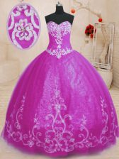 Sophisticated Fuchsia Ball Gowns Tulle Sweetheart Sleeveless Beading and Embroidery Floor Length Lace Up 15th Birthday Dress