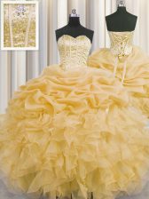  Visible Boning Gold Organza Lace Up Sweetheart Sleeveless Floor Length Vestidos de Quinceanera Beading and Ruffles and Pick Ups