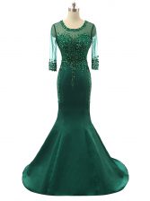 Cute Green Mermaid Scoop 3 4 Length Sleeve Satin Brush Train Zipper Beading Homecoming Dress