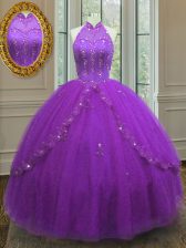  Floor Length Lace Up 15 Quinceanera Dress Purple for Military Ball and Sweet 16 and Quinceanera with Beading and Appliques