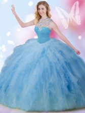 Admirable Blue Sleeveless Beading and Ruffles and Sequins Floor Length Quince Ball Gowns