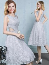Modest Knee Length Grey Quinceanera Dama Dress Scoop Sleeveless Lace Up