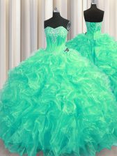 Extravagant Turquoise Sleeveless Organza Brush Train Lace Up Quinceanera Dress for Military Ball and Sweet 16 and Quinceanera