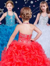  Ball Gowns Child Pageant Dress White and Coral Red and Blue Halter Top Organza Sleeveless Floor Length Lace Up