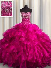  Fuchsia Ball Gowns Sweetheart Sleeveless Organza Brush Train Lace Up Beading and Ruffles Sweet 16 Dress