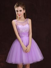 High Class Scoop Mini Length Lilac Dama Dress for Quinceanera Tulle Sleeveless Lace and Ruching