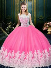  Scoop Rose Pink Zipper Quinceanera Dress Lace and Appliques Sleeveless Floor Length