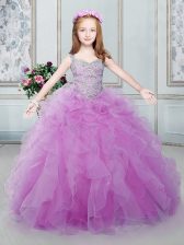  Lilac Straps Lace Up Beading and Ruffles Little Girls Pageant Dress Sleeveless