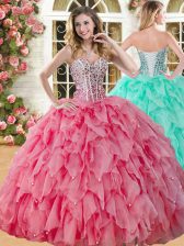 Best Coral Red Quinceanera Gowns Military Ball and Sweet 16 and Quinceanera with Beading and Ruffles Sweetheart Sleeveless Lace Up