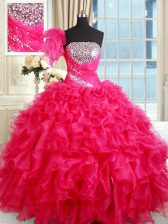 Super Hot Pink Organza Lace Up Quinceanera Dress Sleeveless Floor Length Sequins