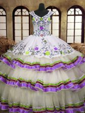 Custom Design Multi-color 15th Birthday Dress Military Ball and Sweet 16 and Quinceanera with Embroidery and Ruffled Layers V-neck Sleeveless Lace Up