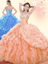  Orange Sweetheart Neckline Beading and Ruffles and Pick Ups 15th Birthday Dress Sleeveless Lace Up