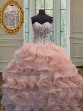  Peach Ball Gowns Beading and Ruffles Quinceanera Dress Lace Up Organza Sleeveless Floor Length