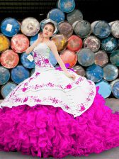 Perfect Floor Length Multi-color 15 Quinceanera Dress Organza Sleeveless Appliques and Embroidery and Ruffles
