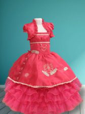  Coral Red Sleeveless Floor Length Appliques and Ruffled Layers Lace Up Flower Girl Dresses for Less