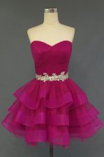  Fuchsia Lace Up Sweetheart Beading and Ruffled Layers Prom Dress Organza Sleeveless