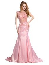 Pretty Mermaid Scoop Beading Prom Gown Baby Pink Backless Sleeveless With Brush Train