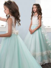 Dramatic Scoop Sleeveless Tulle Little Girls Pageant Gowns Beading and Lace and Appliques and Bowknot Brush Train Backless