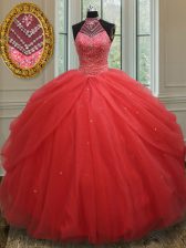 Fancy Pick Ups Floor Length Red Quince Ball Gowns Halter Top Sleeveless Lace Up