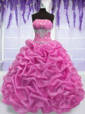  Floor Length Lace Up Quinceanera Gowns Rose Pink for Military Ball and Sweet 16 and Quinceanera with Beading