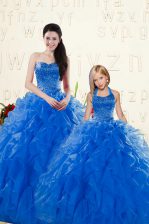  Organza Sweetheart Sleeveless Lace Up Beading and Ruffles Quinceanera Gown in Royal Blue