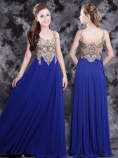 Glamorous Royal Blue Side Zipper Scoop Appliques Prom Evening Gown Chiffon Sleeveless