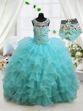 Hot Selling Ruffled Ball Gowns Little Girls Pageant Dress Wholesale Aqua Blue Scoop Organza Sleeveless Floor Length Lace Up