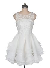  Scoop Sleeveless Organza Knee Length Zipper Dress for Prom in White with Appliques and Ruching