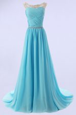 Cheap Scoop With Train Zipper Prom Dress Baby Blue for Prom and Party with Beading Sweep Train