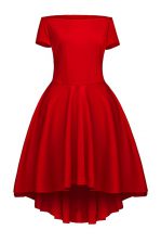 Inexpensive Bateau Short Sleeves Homecoming Dress Tea Length Ruching Wine Red Satin
