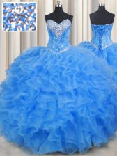 Clearance Baby Blue Sweetheart Neckline Beading and Ruffles Ball Gown Prom Dress Sleeveless Lace Up