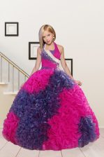 Attractive Fuchsia Halter Top Neckline Beading and Ruffles Girls Pageant Dresses Sleeveless Lace Up
