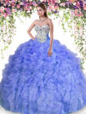 Exquisite Sweetheart Sleeveless Sweet 16 Quinceanera Dress Floor Length Beading and Ruffles Lavender Organza