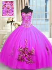 Fancy Fuchsia Sweetheart Lace Up Beading and Appliques and Embroidery Quinceanera Gowns Sleeveless