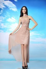 Inexpensive Peach Side Zipper Dress for Prom Ruching Sleeveless High Low